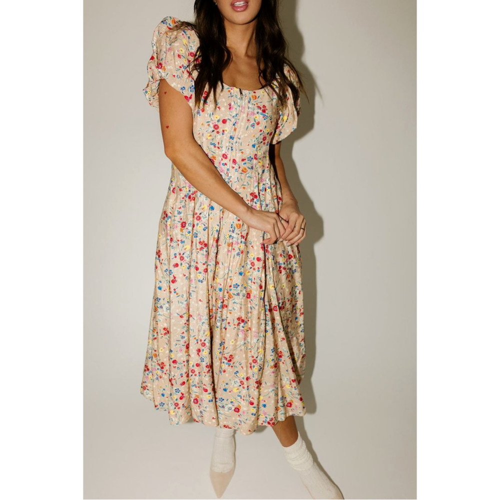 NWT Zoco Womens Midi Dress Doe Zipper Puff Sleeve Smocked Back Floral size small